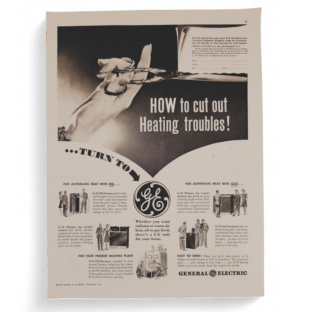 1941‎ General Electric Print Ad - WWII Era Heating Innovation Solutions Vintage